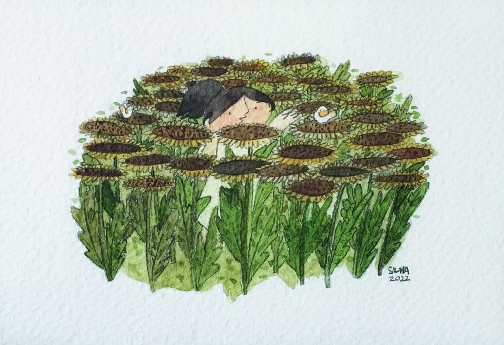 Aquarela de menina no meio de um campo de girassóis, tentando pegar um passarinho branco de asinha amarela