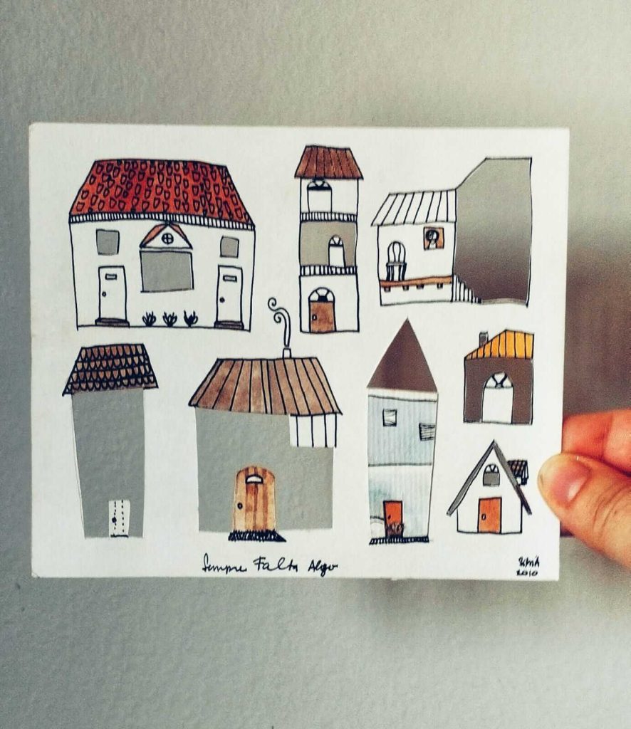 Aquarela com cazinhas em que partes diferentes foram recortadas (às vezes a porta, o teto, a parede)