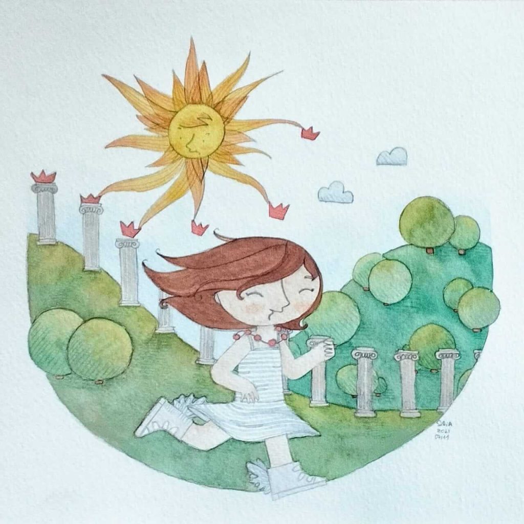 Ilustração para O colar de Carolina, poema de Cecília Meireles. Aquarela em que se vê uma menina com cabelos castanhos ao vento, com um vestido claro, um colar coral e tênis com asas correndo na frente de duas encostas de colinas. Em uma delas se vê o sol colocando "coroas de coral nas colunas da colina"