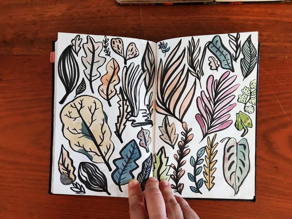 Caderno aberto com desenhos de folhas coloridas de diversos formatos, pintadas com aquarela