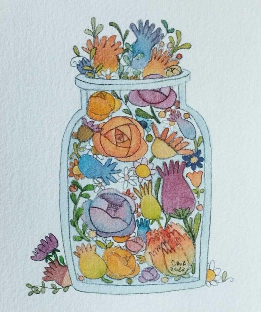 Aquarela de um pote transparente cheio de flores diversas coloridas