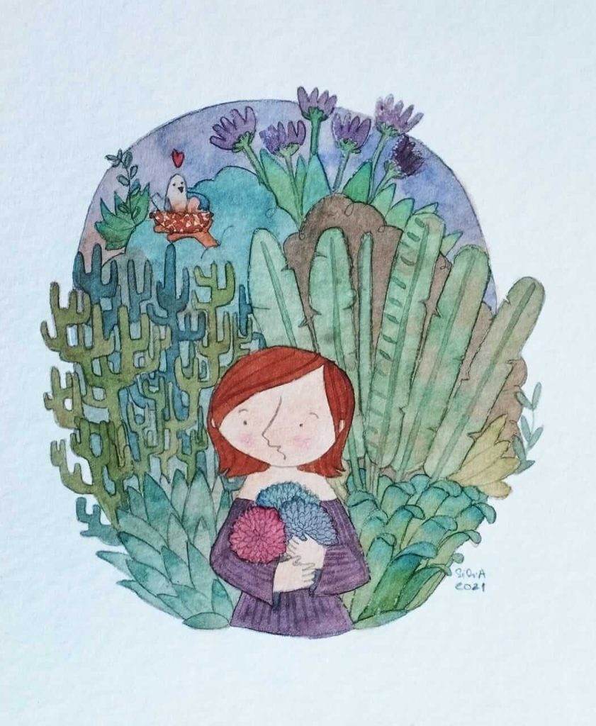 Aquarela de uma menina com o cabelo castanho e um vestido roxo, segurando flores atrás de uma moita de plantas diferentes. Uma das plantas tem um ninho com um passarinho cuidado de um ovo.