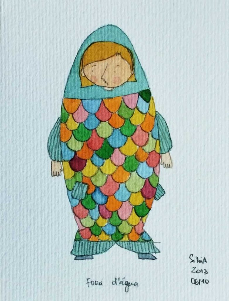 Aquarela representando uma pessoa vestida de peixe, com escamas coloridas. Abaixo da ilustração lê-se: fora d'água