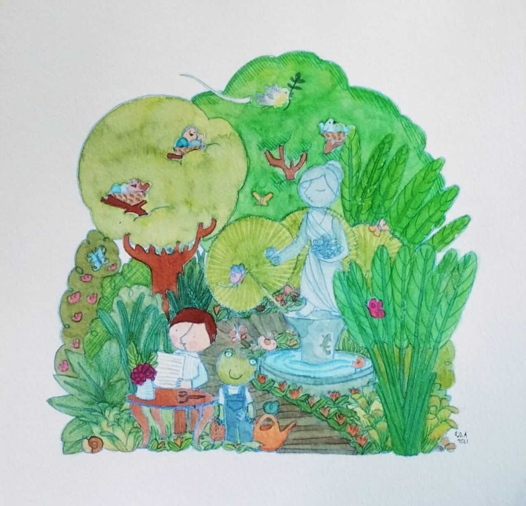 Ilustração para o poema Leilão de jardim, de Cecília Meireles. Aquarela em que se vê "um jardim com flores, borboletas de muitas cores, lavadeiras e passarinhos, ovos verdes e azuis nos ninhos". à direita, vê-se "uma estátua da primavera", sobre uma fonte. No canto inferior esquerdo, vê-se um menino leiloeiro, com "um sapo que é jardineiro".
