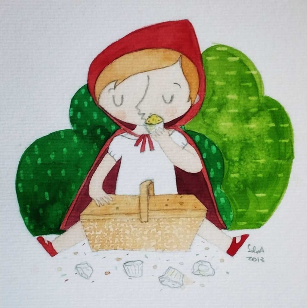 Aquarela representando a Chapeuzinho Vermelho sentada com a cesta de quitutes para a vovó. Ela está comendo um bolinho e há várias forminhas de bolinho vazias e migalhas na frente dela.