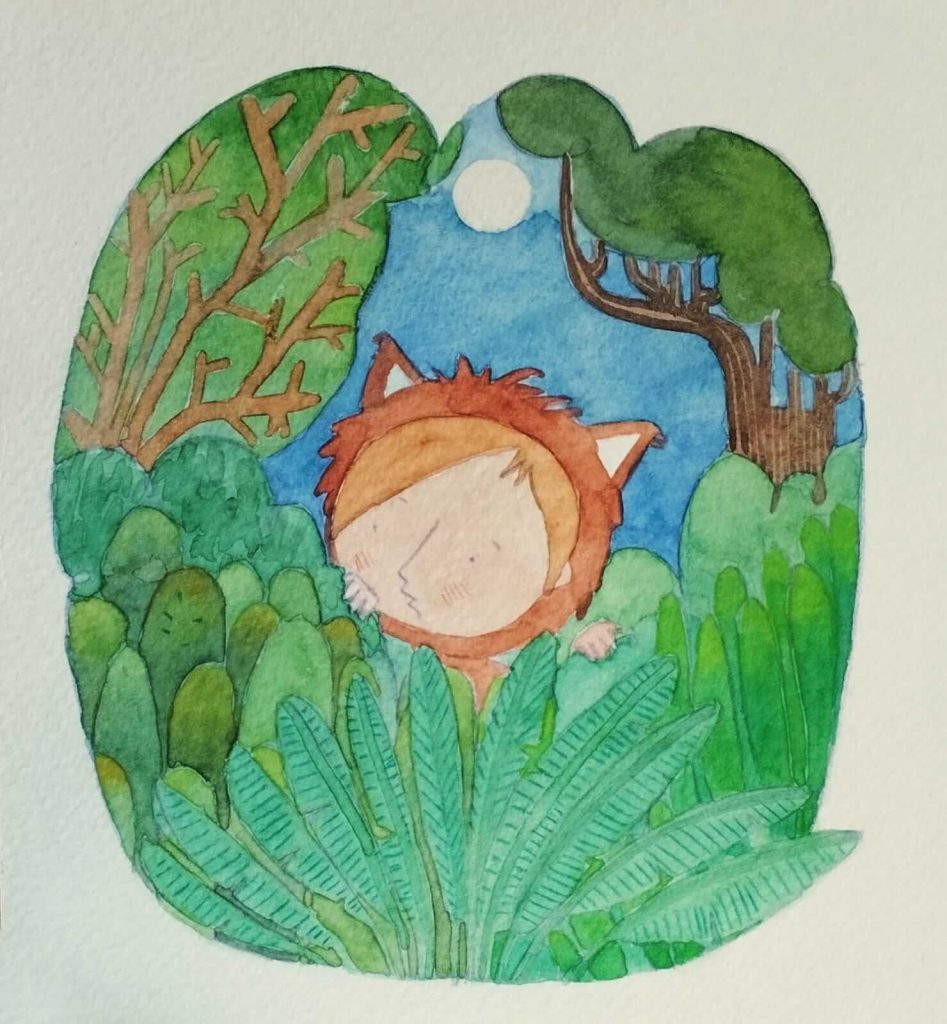 Aquarela negativa em qe se vê uma pessoa vestida de lobo em uma floresta, abrindo caminho atrás de muitas plantas, com uma lua cheia ao fundo