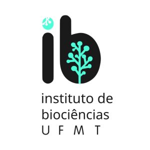 Logotipo do Instituto de Biociências da UFMT, onde se vê as letras i e b em negro, com uma forma que lembra uma árvore no centro do b e uma parte que remete à mesma forma no pingo do i, ambas em azul. Abaixo lê-se instituto de biociẽncias UFMT