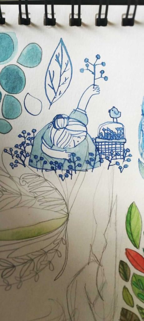 Desenho de mulher abaixada colhendo plantinhas, em azul