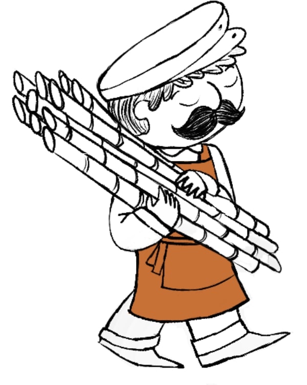 Desenho de um homem de bigode com uma boina e um avental marrom carregando caules de cana