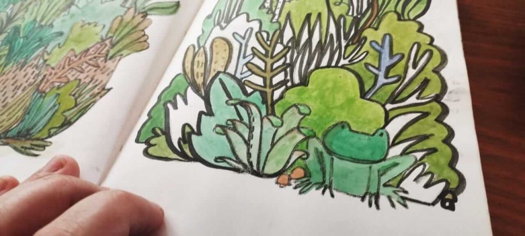 Caderno aberto com um desenho de uma moita com várias plantas diferentes estilizadas e um sapo verde e um cogumelo na frente