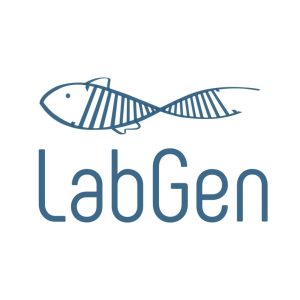 Logotipo do Laboratório de Citogenética e Genética Animal, onde se vê um peixe azul com listras verticais numa forma que lembra a molécula de DNA. Embaixo se lê LabGen