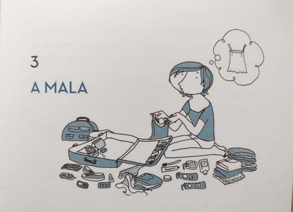 Página de livro com ilustração de mulher viajando sozinha em uma poltrona de aviãoarrumando uma mala