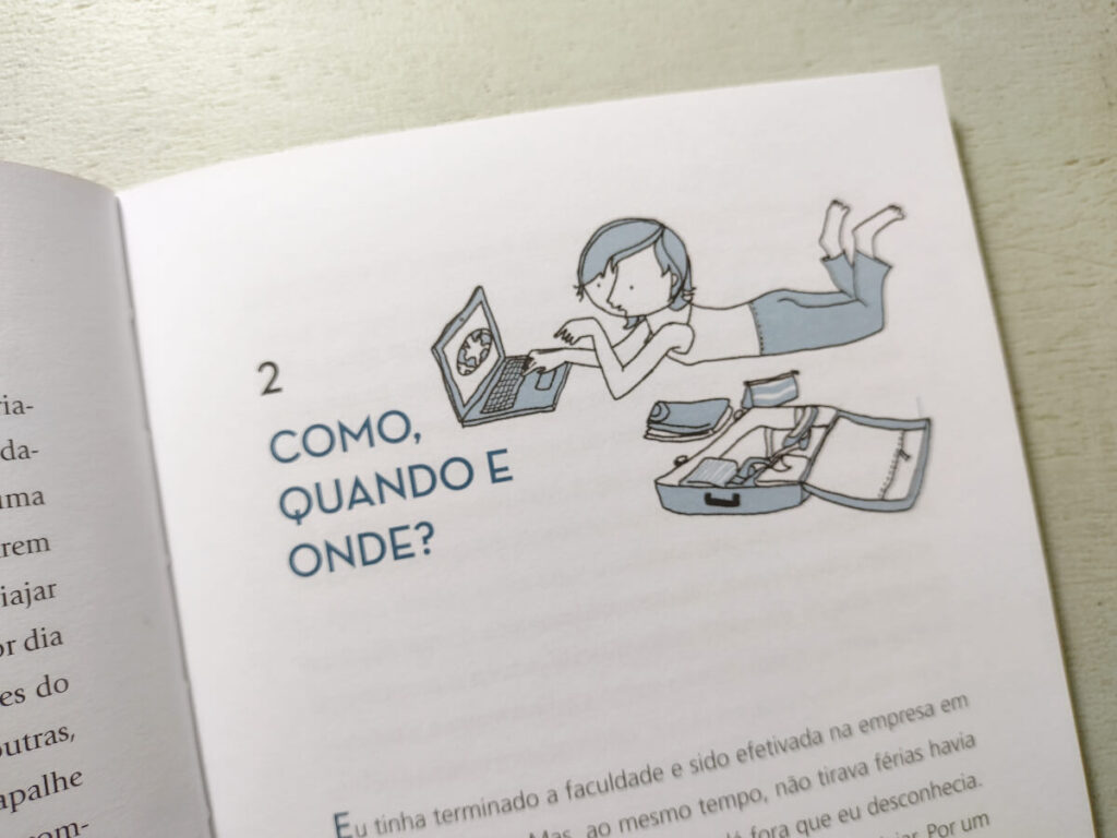 Página de livro com ilustração de mulher pesquisando em um notebook com uma mala aberta ao lado