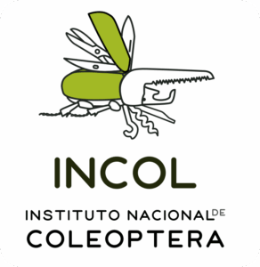 Besouro com asas verdes e partes de canivete suíço, sobre os dizeres: INCOL - Instituto Nacional de Coleoptera